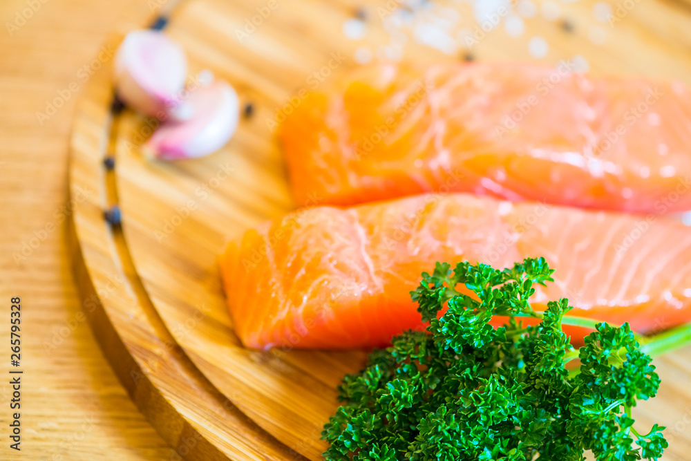Salmon fish steck on the cutting board Salmon fish steck on the cutting board