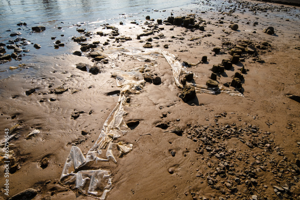 Polyethylene is lying on the sandy bank of the river. Water pollution.