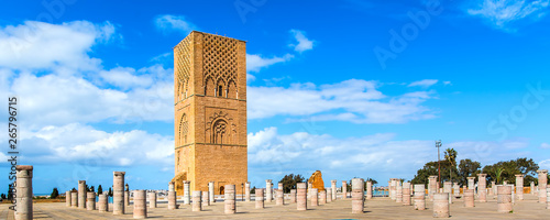 Beautiful square with Hassan tower at Mausoleum of Mohammed V in Rabat, Morocco on sunny day. Panorama