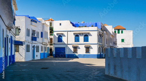 Beautiful view of street with typical arabic architecture in Asilah. Location: Asilah, North Morocco, Africa. Artistic picture. Beauty world