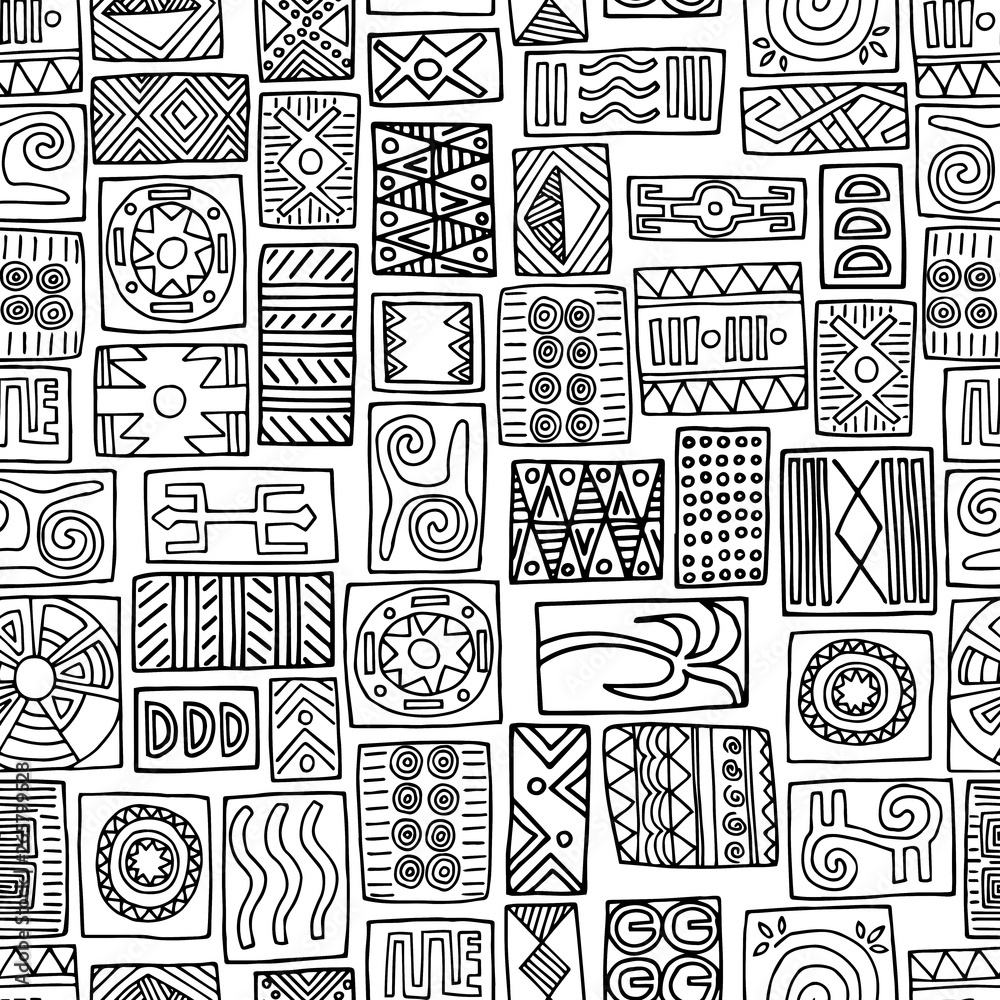 Seamless tribal pattern. Ethnic drawings on a white background. Seamless tribal pattern. Ethnic drawings on a white background.