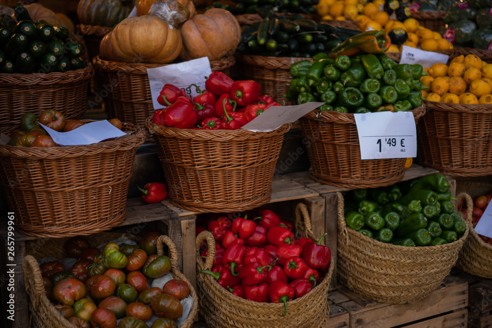 Vegetables and fruits at outdoor farmers market. Organic, bio, healthy food. Freshly, seasonal harvested. Agriculture.