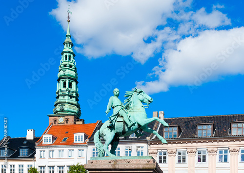 Absalon Monument. Statue of Bishop Axel Absalon and St. Nicholas Church, Hojbro Plads in Copenhagen, Denmark