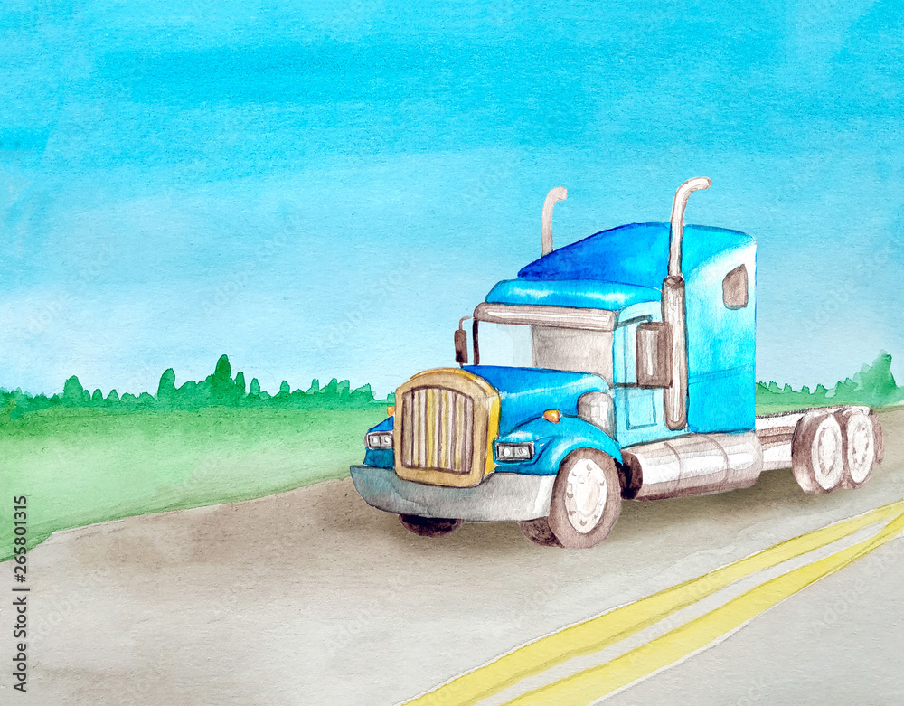 Fototapeta premium Watercolor blue american semi truck tractor without a container rides on an asphalt road against the backdrop of the landscape for logistics or business cards or website design