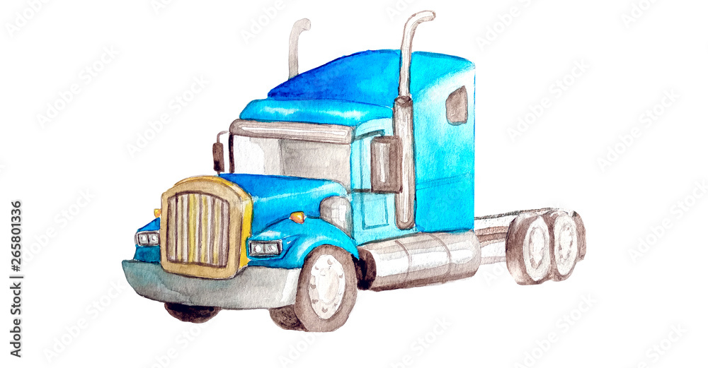 Obraz premium Watercolor blue American semi-trailer truck tractor without container on a white background isolated for logistics or business cards or website design