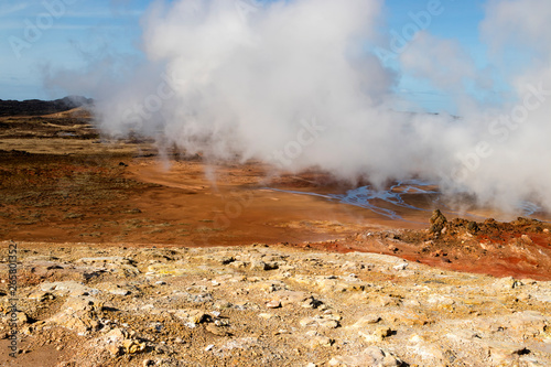 Geothermal alternative energy concept. Gunnuhver geothermal area in Iceland. Geyser steam. © Sonyara
