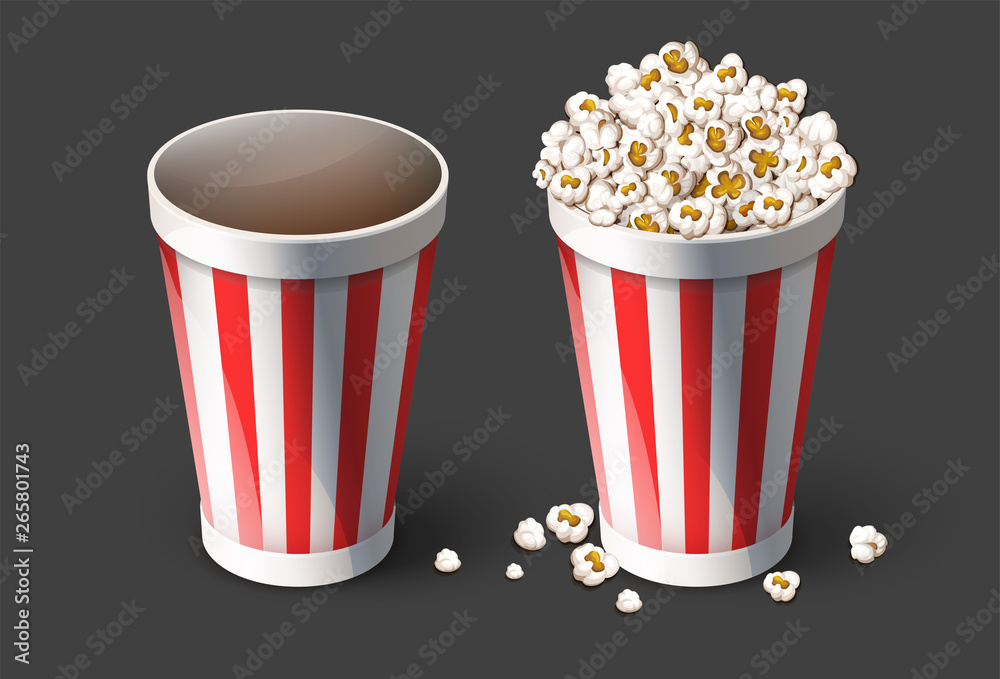 Popcorn in paper cup buckets. Empty and full cups for snacks in movie theater fast food for cinema entertainment. Realistic, isolated on gray background. Eps10 vector illustration. Popcorn in paper cup buckets. Empty and full cups for snacks in movie theater fast food for cinema entertainment. Realistic, isolated on gray background. Eps10 vector illustration.