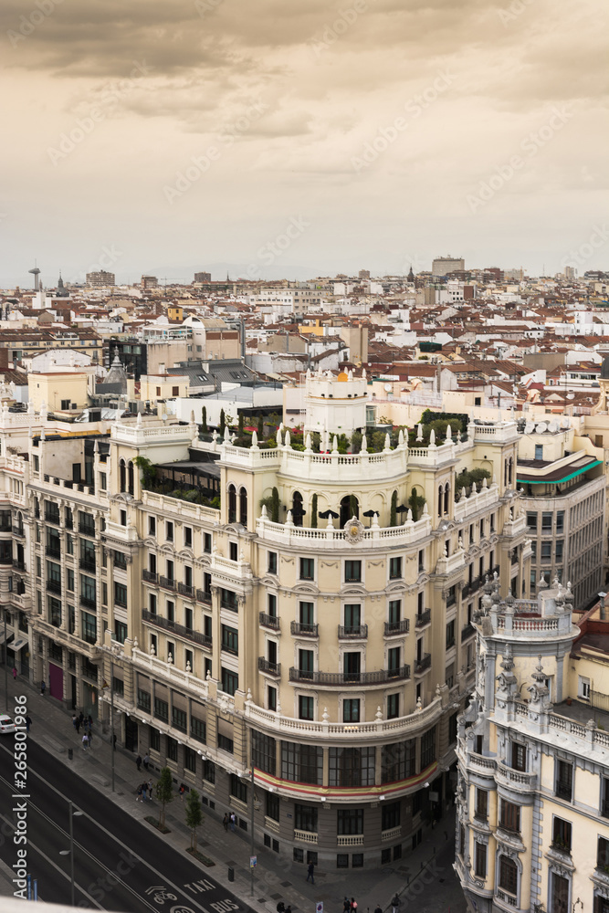 Panoramic aerial view of Gran Via, Madrid, capital of Spain, Europe