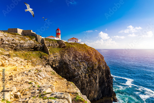 Lighthouse of Cabo Sao Vicente, Sagres, Portugal. Farol do Cabo Sao Vicente (built in october 1851) Cabo de Sao Vicente is the South Western tip of Europe, Sagres, Portugal.