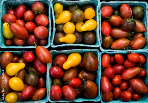 Baskets of organic vegetables on the counter. Fresh organic produce on sale at the local farmers market. Organic  agriculture products. Freshly  seasonal harvested vegetables. Bio  healthy.