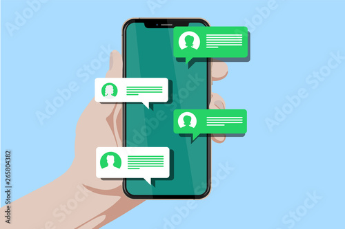 Smartphone gruppe chat 3D - Hand tippt auf Bildschirm
