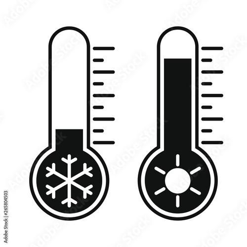 Icons low and high temperature. Signs thermometers with cold and hot weather. Isolated symbols on white background. Vector illustration 