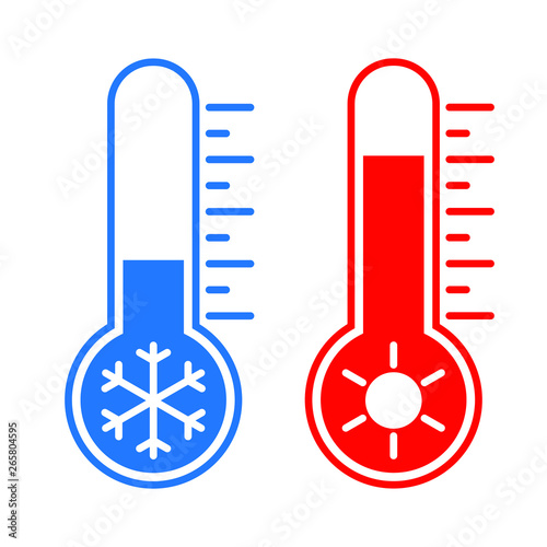 Icons low and high temperature. Signs thermometers with cold and hot weather. Isolated symbols on white background. Vector illustration 