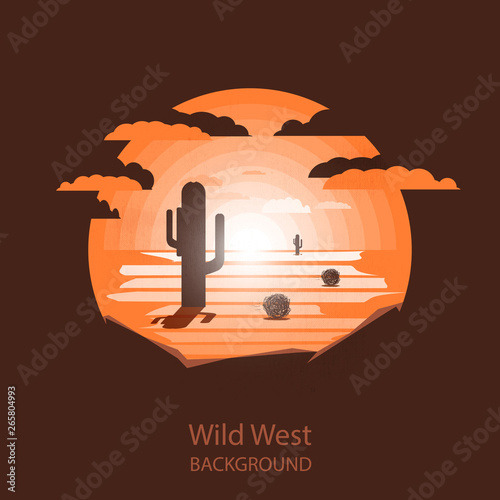 Wild west landscape.Cactus and tumbleweed under sun in dry desert. Negative space illustration