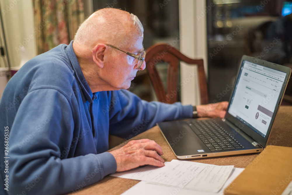 Elderly person using a laptop computer to check his share portfolios ,Hampshire,England,U.K. Elderly person using a laptop computer to check his share portfolios ,Hampshire,England,U.K.