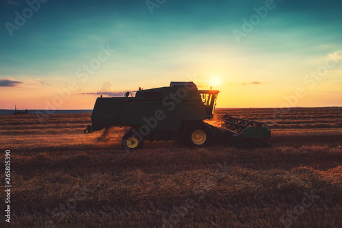 Combine harvester machine working in a wheat field at sunset.