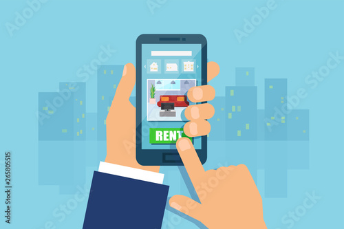Vector of a man hand holding smartphone, touching screen making an apartment choice