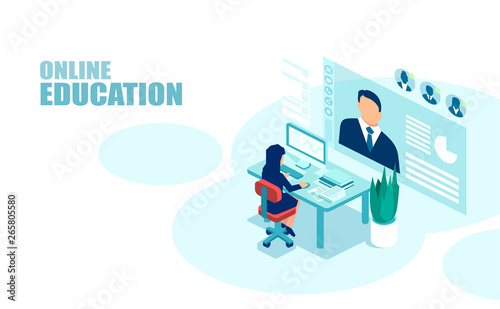 Vector of a student listening to a webinar on a computer