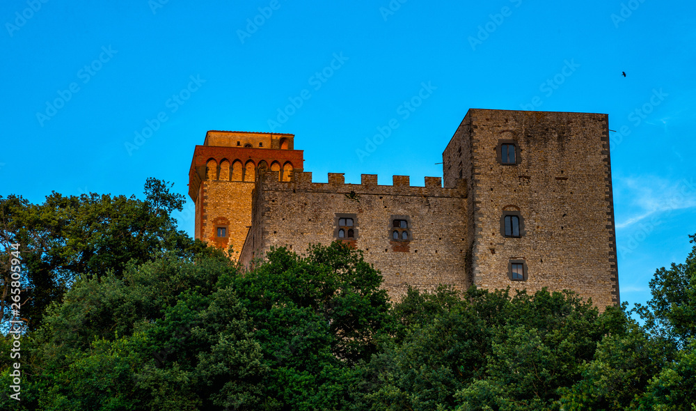 Medieval building, old town with towers, bright blue sky in the background, typical Italy and Tuscany countryside landscape.