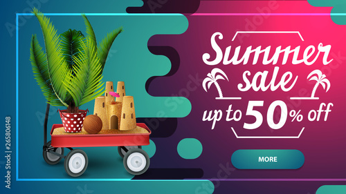 Summer sale, discount web banner for your site in a modern style with button, beautiful lettering and garden cart with sand, sand castle and potted palm