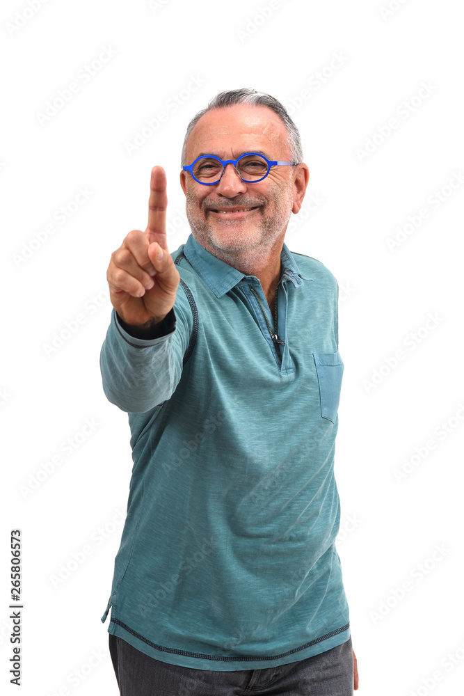 man with finger in the shape of number on white background man with finger in the shape of number on white background