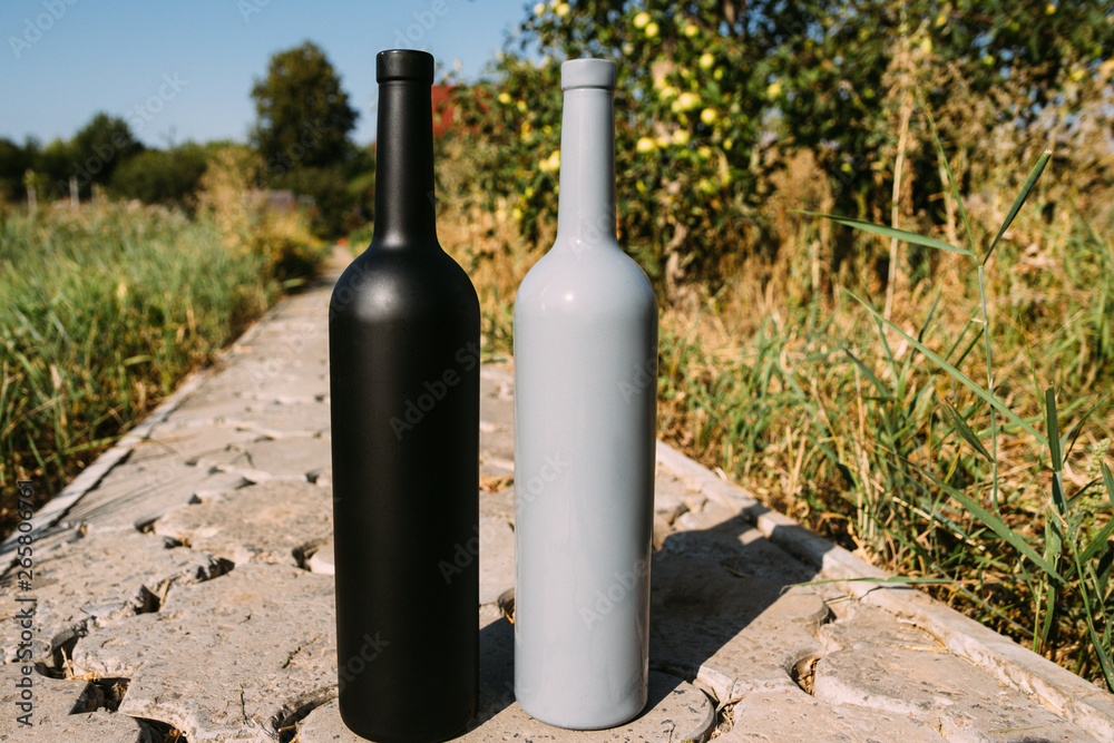 two bottles stand on a rural road, private vineyards. natural drink. wine two bottles stand on a rural road, private vineyards. natural drink. wine