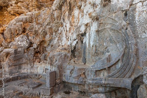 Barco Helénico esculpido en la roca, Acrópolis, Pueblo de Lindos, Isla de Rodas, Dodecaneso, Grecia photo