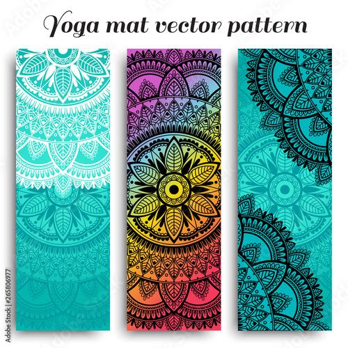 Set of yoga mats with ethnic designs. Turquoise, rainbow gradient and black vector pattern with mandala.