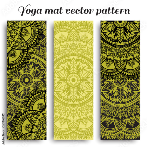 Set of yoga mats with ethnic designs. Green and black vector pattern with mandala.