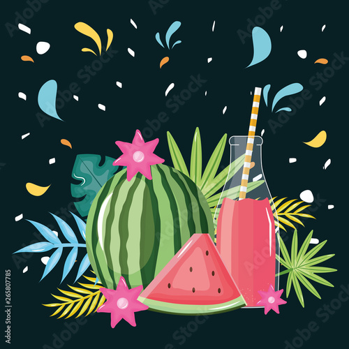 fresh watermelon juice fruit in botttle with straw in floral decoration