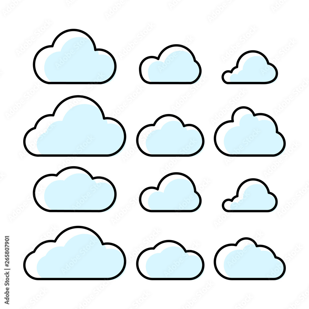 Clouds icons set vector. Outline cloud symbols with fill. Clouds icons set vector. Outline cloud symbols with fill.