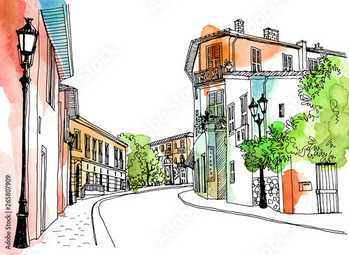 Old town street in hand drawn sketch style. Provence, France, Vector illustration. Small European city. Urban landscape on watercolor colorful background