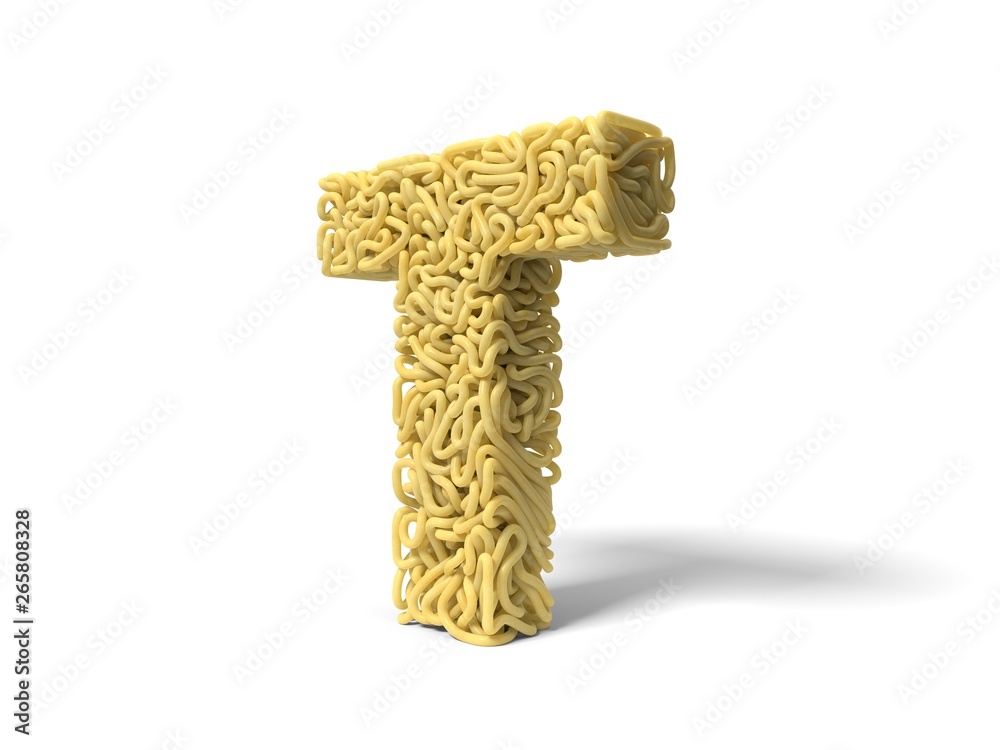 noodle in shape of T letter. curly spaghetti for cooking. 3d illustration