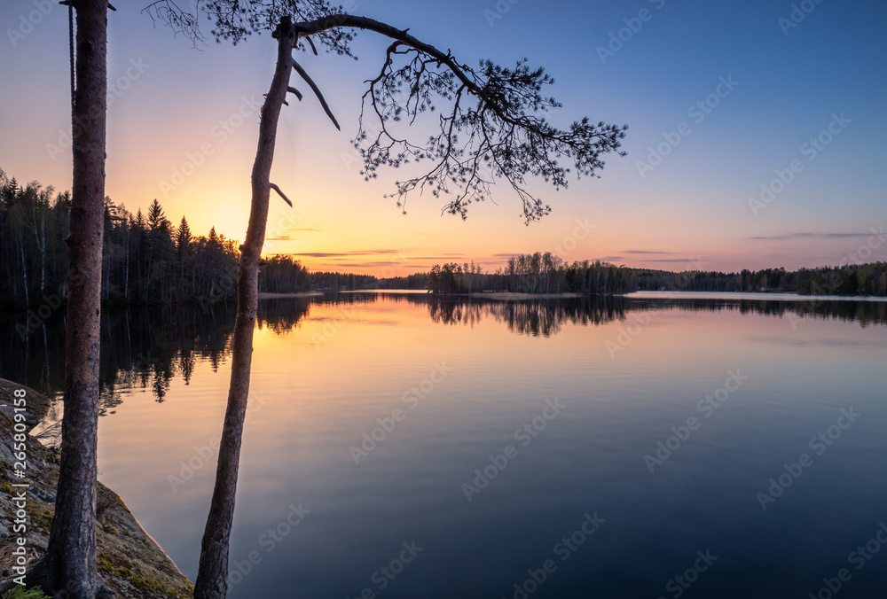 Scenic landscape with sunset, peaceful lake and tree roots at calm spring evening in Finland