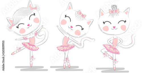 Set of three cute white ballerina cats in pink ballet tutu and pointe