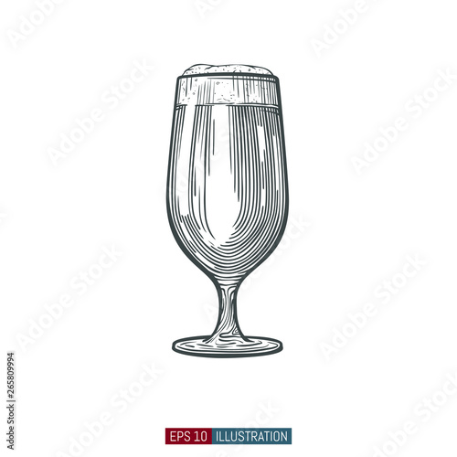 Hand drawn isolated beer glass. Engraved style. Template for your design works. Vector illustration.