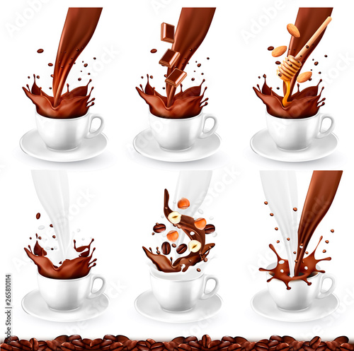 Set of coffee and cappucino with different flavors and splash in cups. Milk, chocolate, nuts, honey, vanilla. Vector illustration.