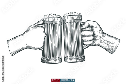 Hands holding and clinking beer glasses. Engraved style. Hand drawn vector illustration.