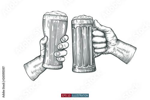 Hands holding and clinking beer glasses. Engraved style. Hand drawn vector illustration.