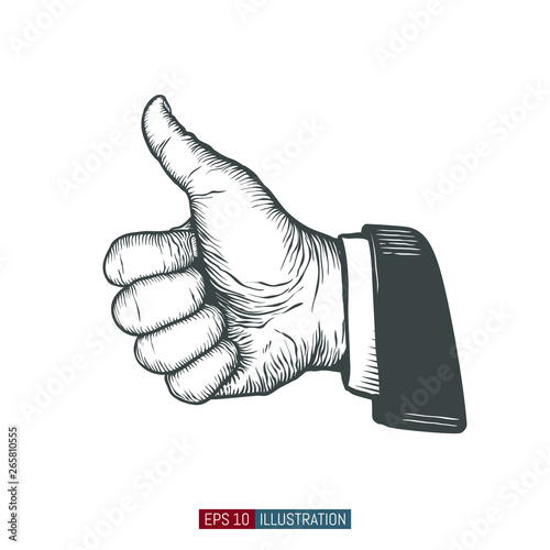 Hand drawn thumb up gesture. Engraved style vector illustration. Element for you design works.