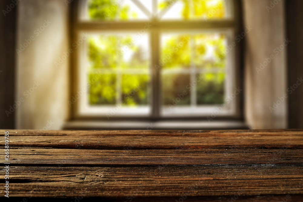 Desk of free space and summer window background Desk of free space and summer window background