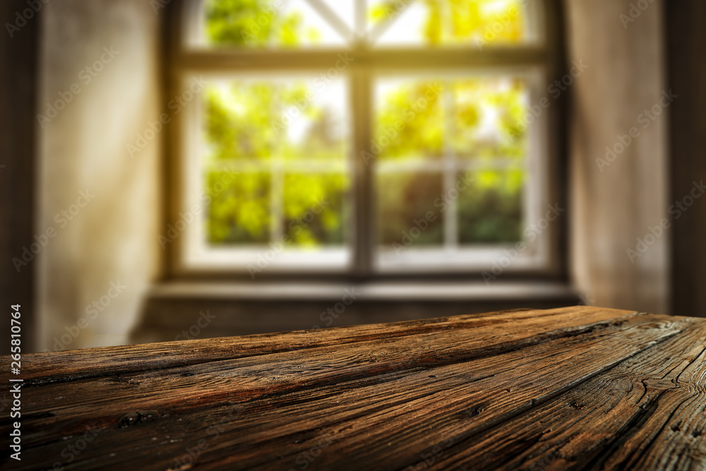 Desk of free space and summer window background Desk of free space and summer window background