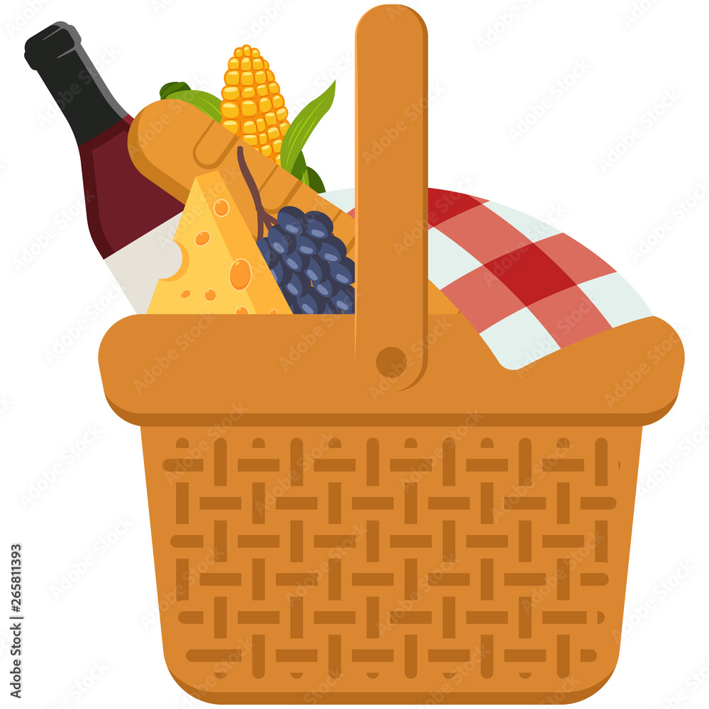 Picnic basket with food. Vector cartoon illustration isolated on a ...