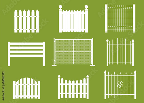 White fences of different shapes vector cartoon flat set isolated on background.