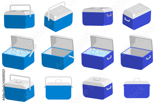 Ice cooler box vector cartoon set. Handheld camping refrigerator illustration isolated on a white background.