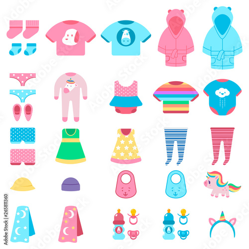 Baby clothes and toys vector cartoon set isolated on a white background.