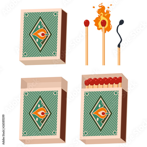 Matchbox and matches vector set isolated on white background.