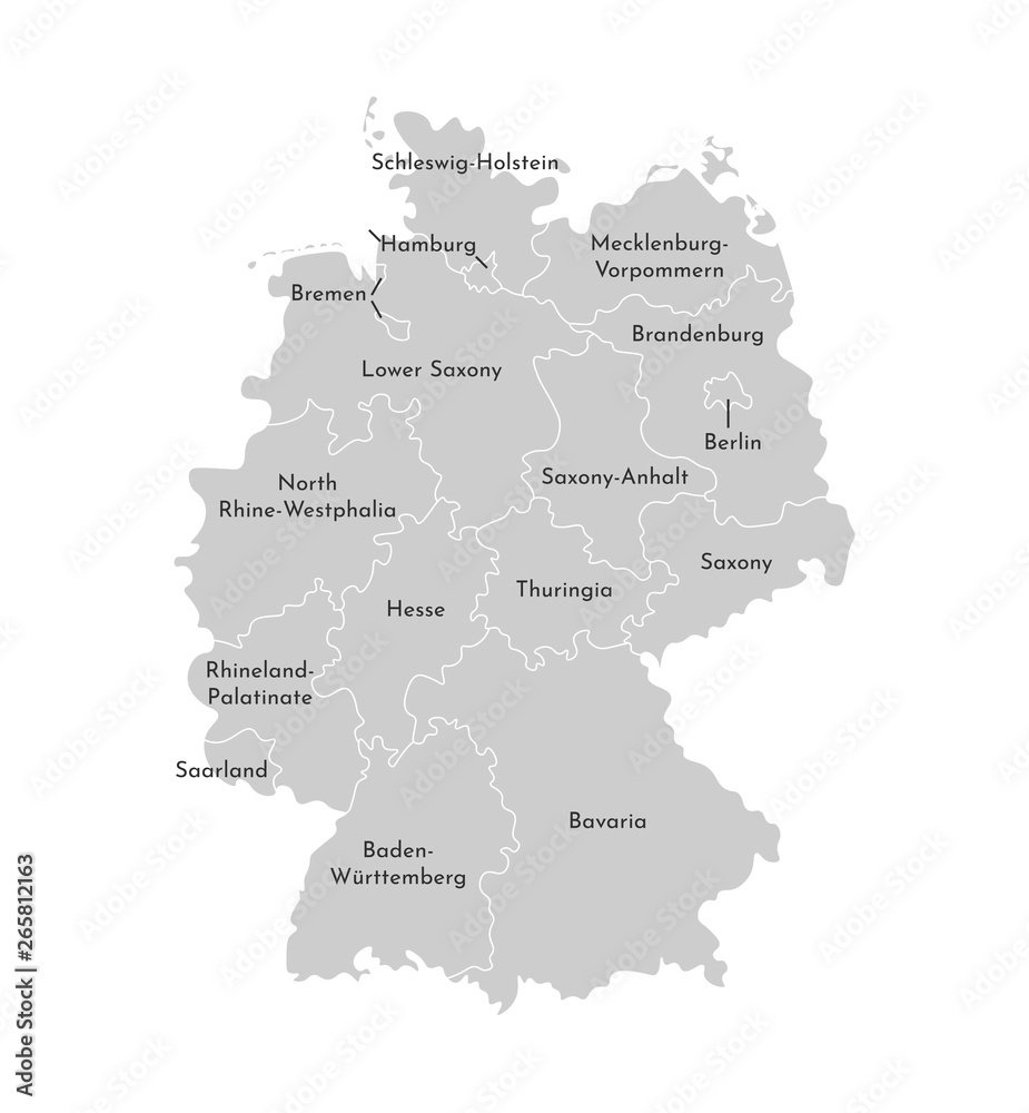 Vector isolated illustration of simplified administrative map of Germany. Borders and names of the states (regions). Grey silhouettes.