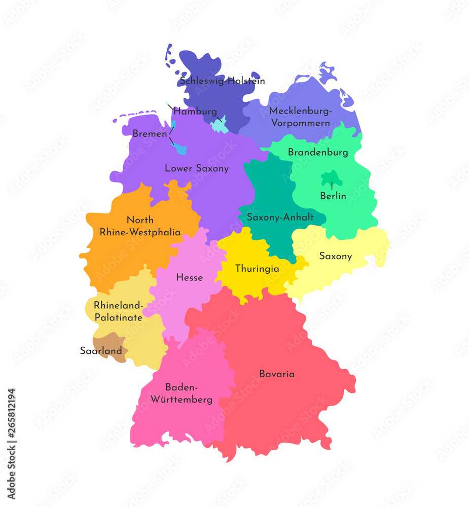 Naklejka premium Vector isolated illustration of simplified administrative map of Germany. Borders and names of the states (regions). Colorful silhouettes