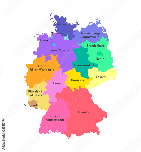 Vector isolated illustration of simplified administrative map of Germany. Borders and names of the states  regions . Colorful silhouettes